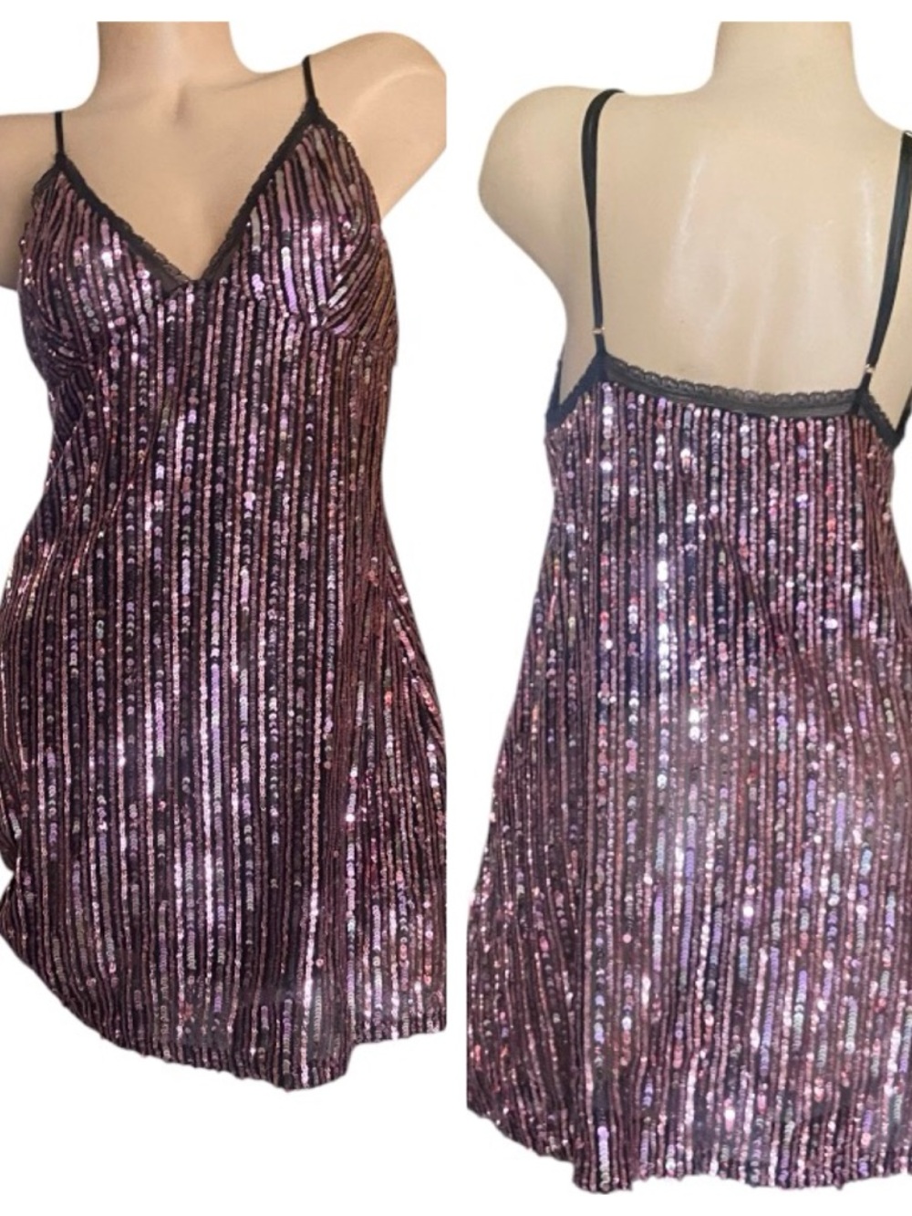 Victoria’s Secret Black Slip Dress Lingerie With Pink Sequins Side Zip large NWT